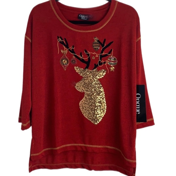 Onque Casuals Tops - Onque Casuals Christmas Top Sz PM Top Shirt Blouse Red Holiday Reindeer NWT